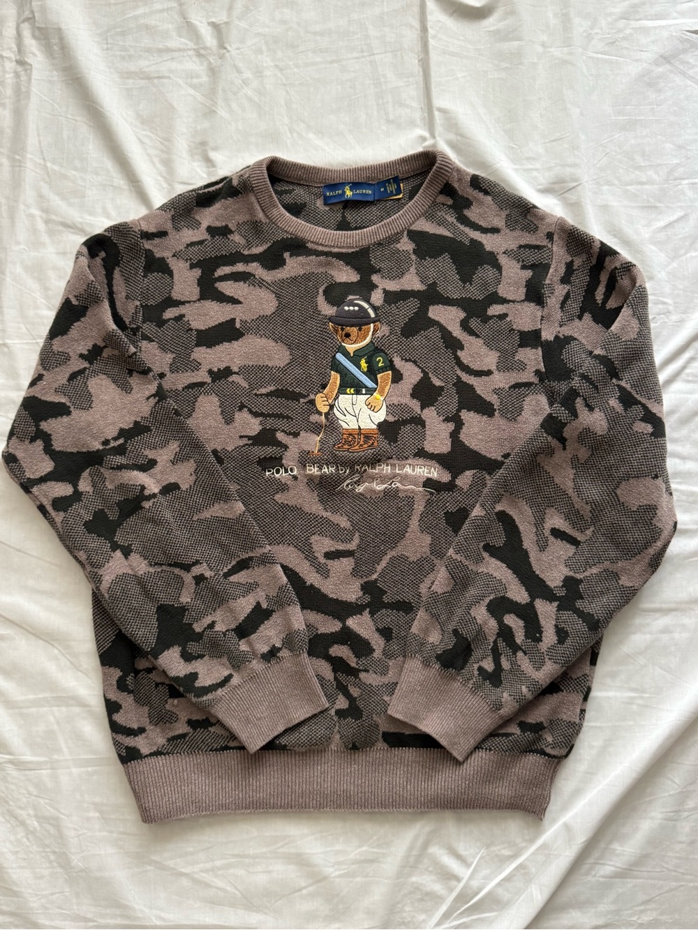Polo Ralph Lauren Polo Bear Camo Knit Sweater Size M 100% Cotton Embroidered